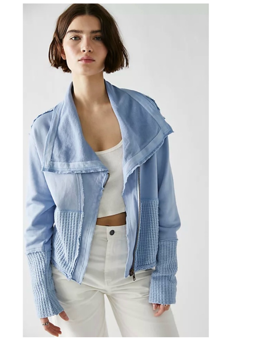 Free People We the Free Hazel Cardi Slouchy Full-Zip Moto Sweatshirt Blue Medium